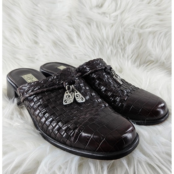 Brighton Shoes - Brighton Franki Mules Womens 8 Brown Leather Croc Alligator Embossed Woven Charm